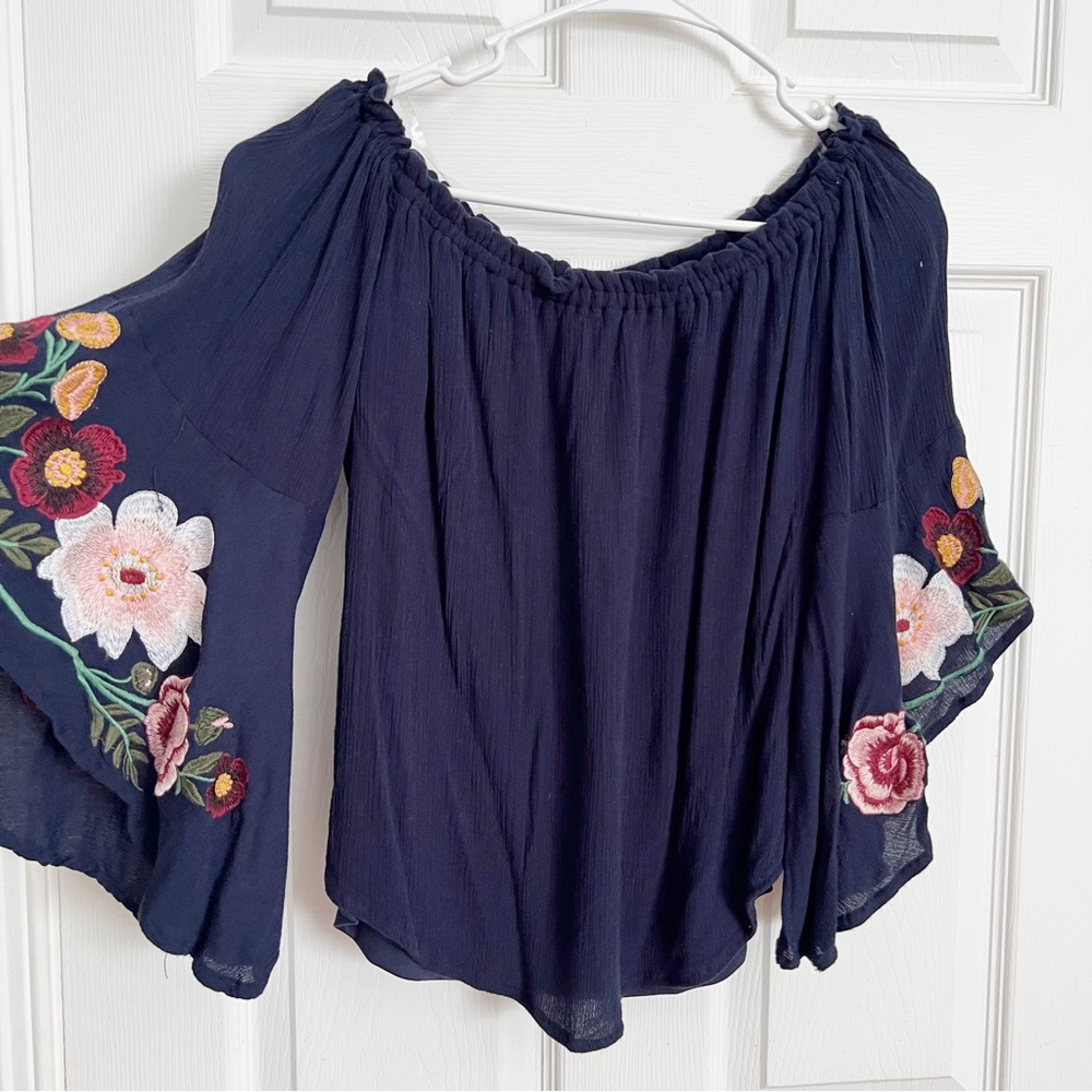 Blue Rain | Woman's Boho Off the Shoulder Floral Embroidered Flare Sleeve